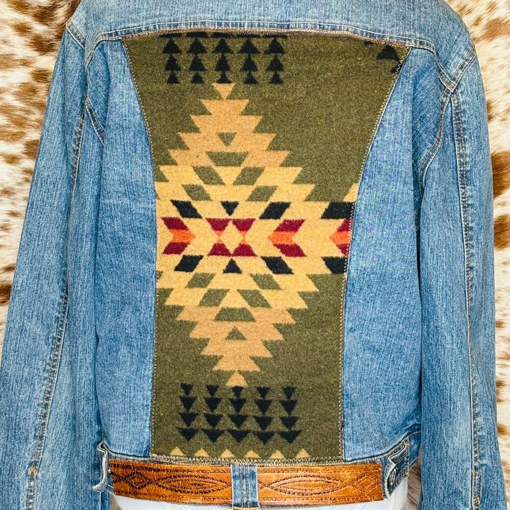 UpCycled Western Jacket W.Olive  Aztec Pendleton Wool vintage leather belt -L